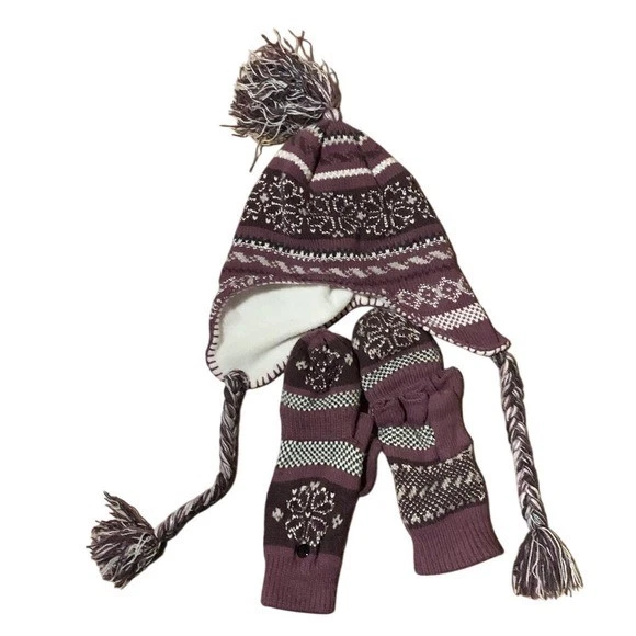 Conjunto de Sombrero y Mitón Invierno Tejido Trampero Sombrero con Trenzas y Pom Cálido Foto 1 de 1