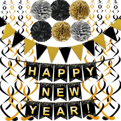 Juego de Feliz Año Nuevo Banner Negro con Bandera de Papel Negro Dorado Bunting Swirl Streame Foto 1 de 4
