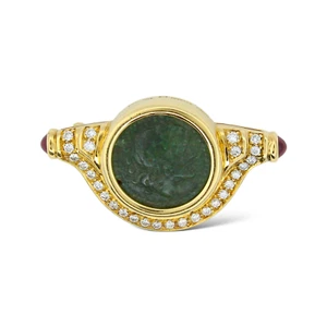 Broche moneda BVLGARI ITALIA 18K YG, rubí cabujón, diamante y antiguo monete romano - Imagen 1 de 6
