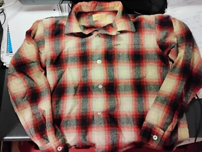 50s SANDY MacDONALD Maroon Black Wht SHADOW PLAID Loop Collar ROCKABILLY S or M - Image 1 of 3