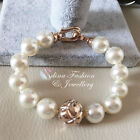 18k Rose Gold Plated Large White Round Simulated Pearl Bead Strand Bracelet