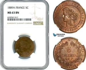AI235, France, Third Republic, 5 Centimes 1889 A, Paris Mint, NGC MS63BN - Picture 1 of 1