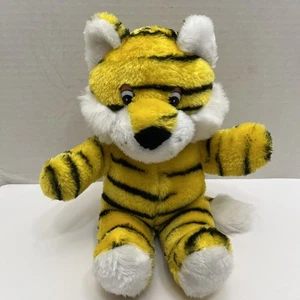 Vintage 1980s Yellow Tiger Plush Black Stripes 9 Inch Sitting Plastic Eyes - Picture 1 of 6