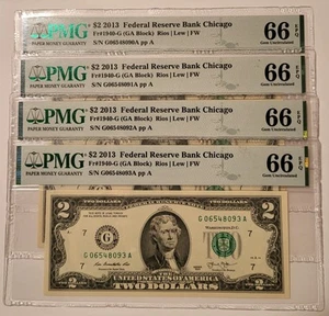 Four (4) 2013 FRB Chicago $2 Notes Gem Unc 66 EPQ PMG Consecutive Serials - Picture 1 of 2