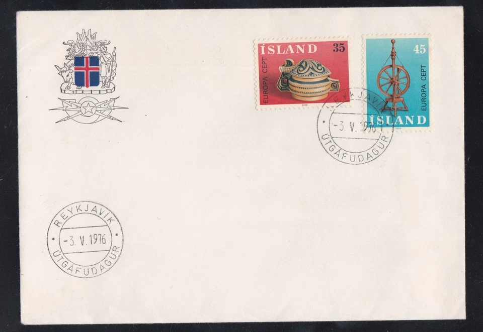 ICELAND 1976 FIRST DAY COVER EUROPA WOODEN BOWL SPINNING WHEEL ART - Image 1 of 1