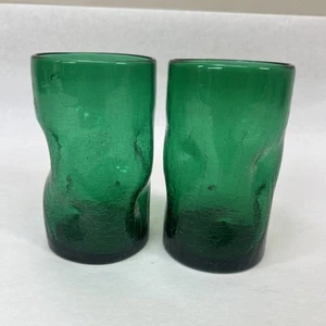 Set /2 Blenko Glass Emerald Malachite Green 5” Pinched Crackle Drinking Glasses - Picture 1 of 7