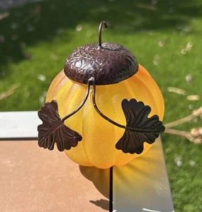 Vintage Frosted Orange Glass Pumpkin Metal Stem & Leaves Fall Decor - Picture 1 of 8