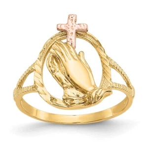 10K Two-tone Gold Praying Hands Cross Ring For Womens Size 6 - Picture 1 of 5