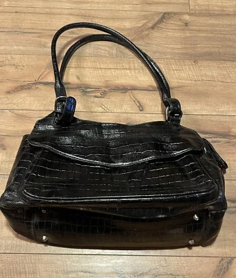 Maxx New York Black Leather Handbag ~ Floral Lining ~ EUC  - Image 1 of 4