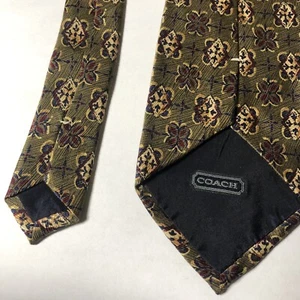 Coach Silk Necktie Tie Geometric Repeated Burgundy Small Design On Gold - Picture 1 of 8