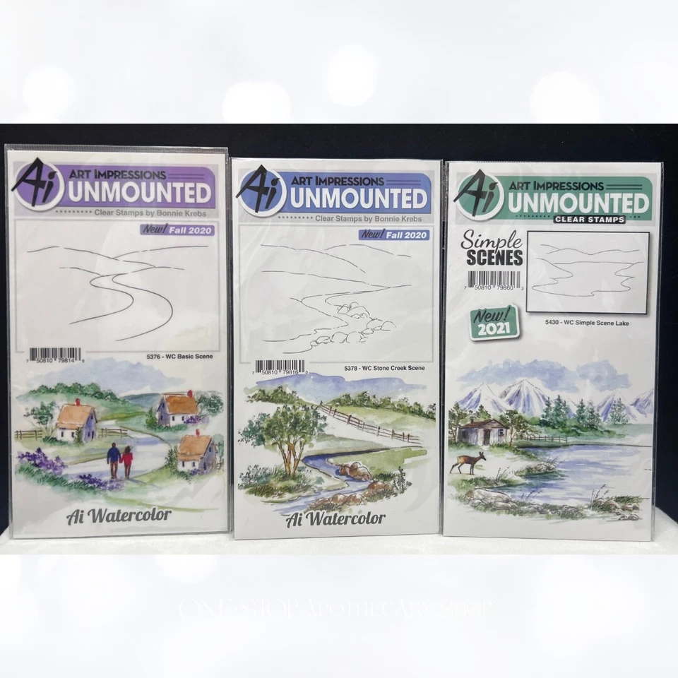 Художественные впечатления ПРОСТЫЕ СЦЕНЫ пейзажи озеро ручей резиновые штампы лот из 3 - Изображение 1 из 1