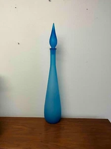 Vintage Mid Century Blue Satin Glass Genie Bottle Decanter with Stopper - Picture 1 of 14