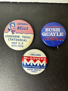 Lot of 3 Vintage Bush Quayle McGovern & Centennial Belle Lapel Pin Buttons F17 - Imagen 1 de 6