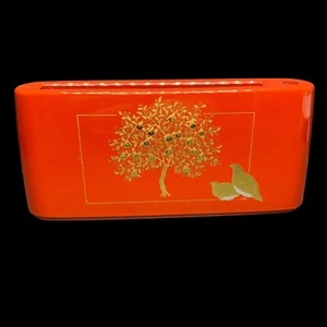 Vintage Red Gold Lacquer Partridge Pear Tree Desk Notepad Pen Holder Christmas - Picture 1 of 9