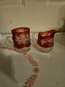 Bohemian Glass Cranberry Cut To Clear Antique 3" Creamer And Open Sugar/cup - Picture 1 of 9