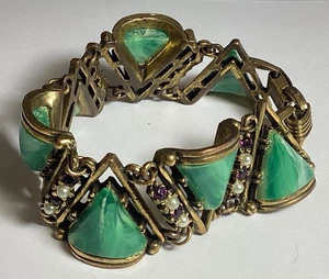 VTG SELRO SELINI 7 1/2” GREEN PYRAMID LUCITE BRACELET RHINESTONES & FAUX PEARLS - Picture 1 of 10