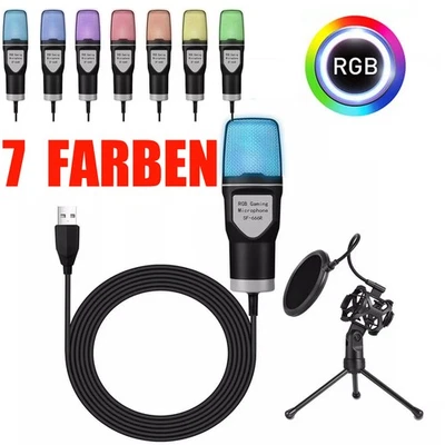 USB Mikrofon Gaming PC Mac PS4 Kondensator Ständer Streaming mit 7 RGB-Licht DE - Bild 1 von 4