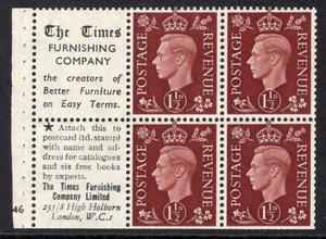 1937 1½d DARK COLOURS ADVERT PANE 'TIMES FURNISHING' MOUNTED MINT. SG 464b - Picture 1 of 1