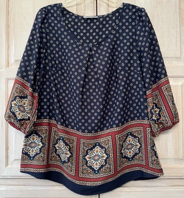 Blusa Campesina EZRA Azul Marino Multicolor Medallón Floral Mangas 3/4 Talla Grande Foto 1 de 4