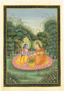 Pintura en miniatura india de Radha Krishna escena de amor arte sobre seda 7,5x11 pulgadas - Imagen 1 de 5