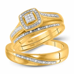 10kt Yellow Gold His Hers Round Diamond Square Matching Bridal Wedding Ring Set - Picture 1 of 3