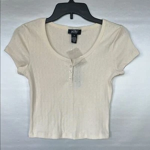 NWT Just Polly Juniors' Cream Cotton Pointelle Knit Henley Tee Size S - Picture 1 of 5