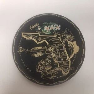 Vintage Black Metal Florida Decorative 11" Souvenir Tray Plate, Orange Blossom  - Picture 1 of 7