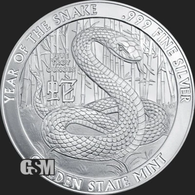 5 oz 2025 - Year of the Snake - 5 oz .999 FINE SILVER BU ROUND - IN STOCK!! - Image 1 of 3
