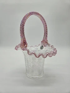 Vintage Fenton Pink Opalescent Ruffled Butterfly and Berry Twisted Handle Basket - Picture 1 of 4