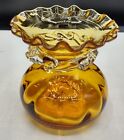 Vtg Small Hand Blown Amber Glass Vase Ruffled Rim Applied Clear Band Around Neck