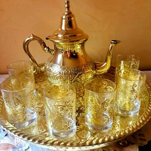 Moroccan Handmade Golden Tea Set Handmade TeaPot,Tea Tray,Set Of 6 Tea Cups