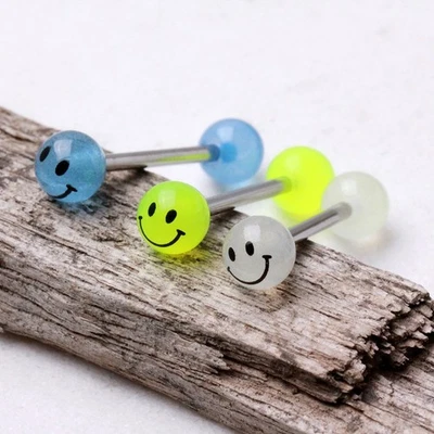 316L Surgical Steel Barbell with Glow in the Dark Smiley Face Balls 1.6mm x 16mm - Image 1 of 4