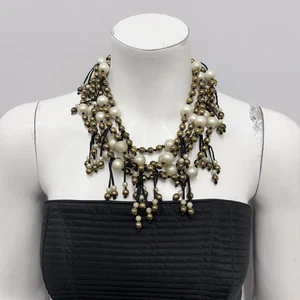 Vintage Early 80's Eric Beamon Necklace Strung On Black Suede Beads & Faux Pearl - Picture 1 of 8