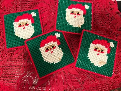 Set 4 Holiday Coasters Trivets Plastic Needlepoint Handmade Christmas Santa 4” - Image 1 of 4