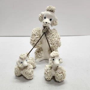Vintage Lefton spaghetti poodle Mom with two babies on Chain White Japan - Picture 1 of 8