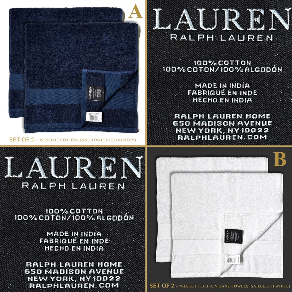 JUEGO DE 2 toallas de mano de algodón Ralph Lauren Wescott Club azul marino o tela de vela blanca Foto 1 de 1