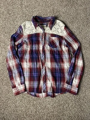 Arizona Jean Co L Plaid Shirt Red Purple Embroidered Lace Long Roll Tab Sleeves  - Image 1 of 4