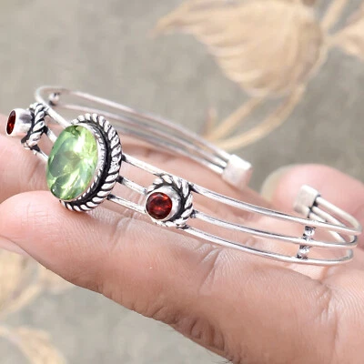 Faceted Peridot & Garnet Cut Gemstone 925 Sterling Silver Cuff Bangle For Sister - Image 1 of 4