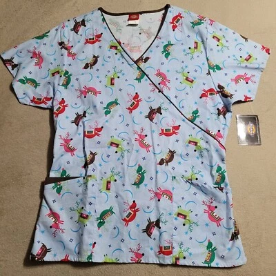 DICKIES SCRUB TOP Women's Size LARGE CHRISTMAS Blue Holidays Reindeer NEW - Image 1 of 4