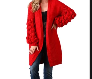 Cardigan aperto all'uncinetto rosso a maglia con cavi taglia 2XL - Foto 1 di 7