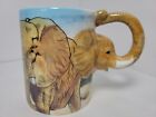 Vintage 3D ELEPHANT MUG TRUNK HANDLE GLAZED HAND DRAWING SCENES BY FIVE AND DIME