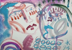 Abstract modernist watercolor painting couple portrait signed - Picture 1 of 10