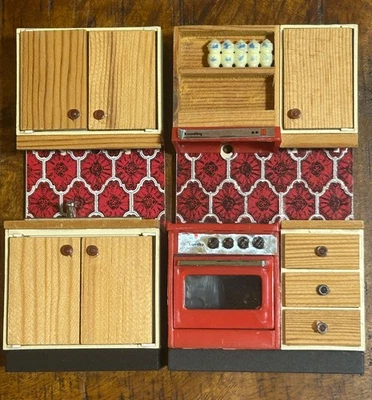 Papel pintado rojo vintage LUNDBY para casa de muñecas muebles cocina horno estufa años 70 Foto 1 de 4