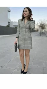 ZARA GREEN ECRU CHECK PRINT BLAZER DRESS WITH SHOULDER PADS SIZE M BNWT - Picture 1 of 12