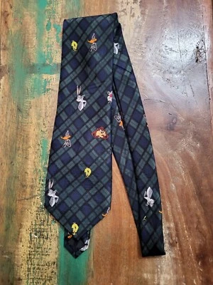 Looney Tunes Tie Vintage 1994 Blue/Green Plaid Pre-Owned  - Image 1 of 4