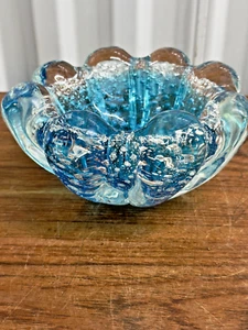 Vintage Mid Century Murano Art Glass Silver & Blue Bowl Ashtray - Picture 1 of 8