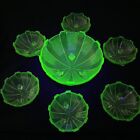 7 Piece Art Deco Green Uranium Glass Footed Dessert Bowl Set (C5) W#652