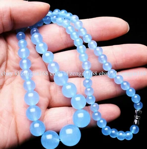 Pretty 6-14mm Natural Blue Chalcedony Round Gemstone Beads Necklace 18" AAA - Picture 1 of 12