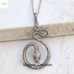 Pave Diamond Snake Pendant 16" Link Chain 925 Sterling Silver Unisex Necklace - Picture 1 of 3