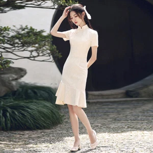 Lady Lace Fishtail Cheongsam Chinese Style Retro Short Qipao Evening Dress Sweet - Bild 1 von 8